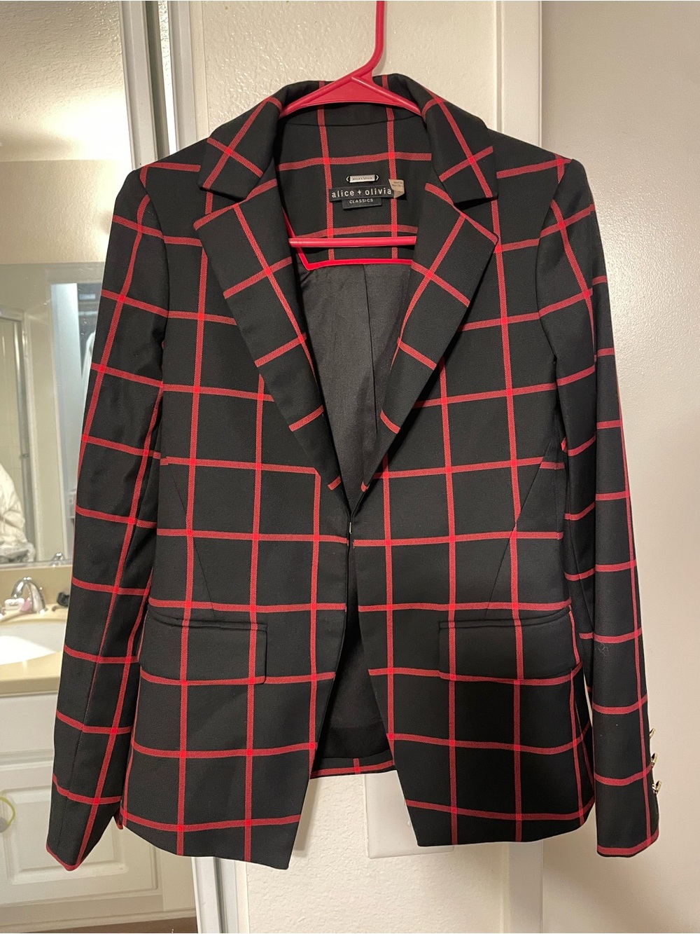 Alice + Olivia Black Blazer with Red Windowpane Check